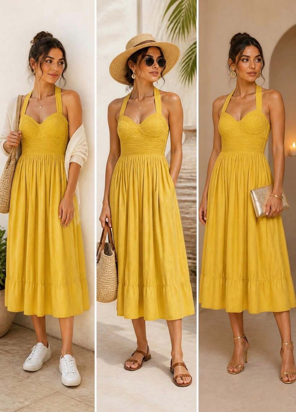 519 Anita Dongre Inter-Pret Yellow Embroidered Halter Midi Dress Size 8